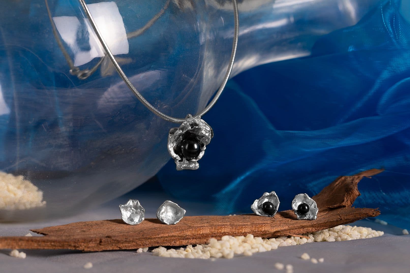 Zilveren hanger en oorbellen set Ocean met zoetwaterparels